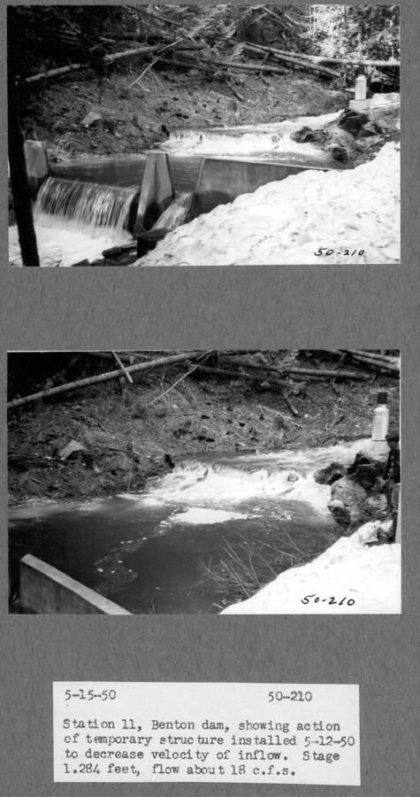 Two photos:"Station 11, Benton dam, showing action of temporary structure installed 5/12/50 to decrease velocity of inflow. Stage 1.284 feet, flow about 18 c.f.s."