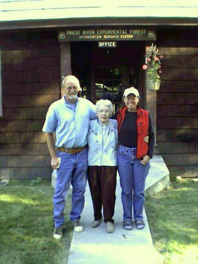 In 2002, the extended Larsen family visited Priest Creek Experimental Forest. Margaret, seen here and flanked by Norgy and Theresa Asleson, was 6 weeks old when the Larsens arrived at Priest River Experimental Station in 1913.