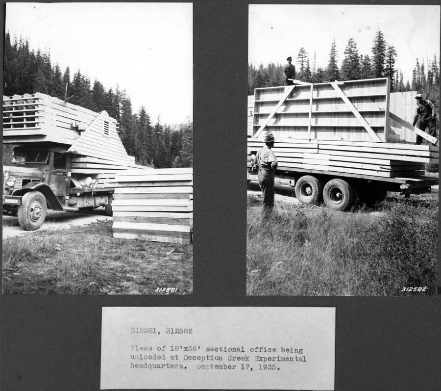For both photos, views of the 18'x36' sectional office being unloaded at Deception Creek Experimental Forest headquarters. September 17, 1935.