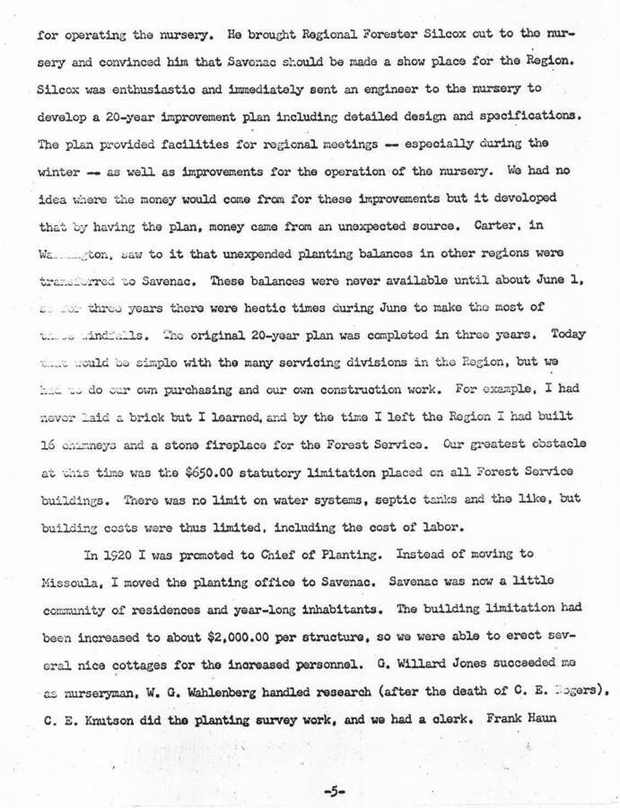 A 6 page description of the nursery establishment and operation by D.S. Olson, the first nurseryman in charge of Savenac.