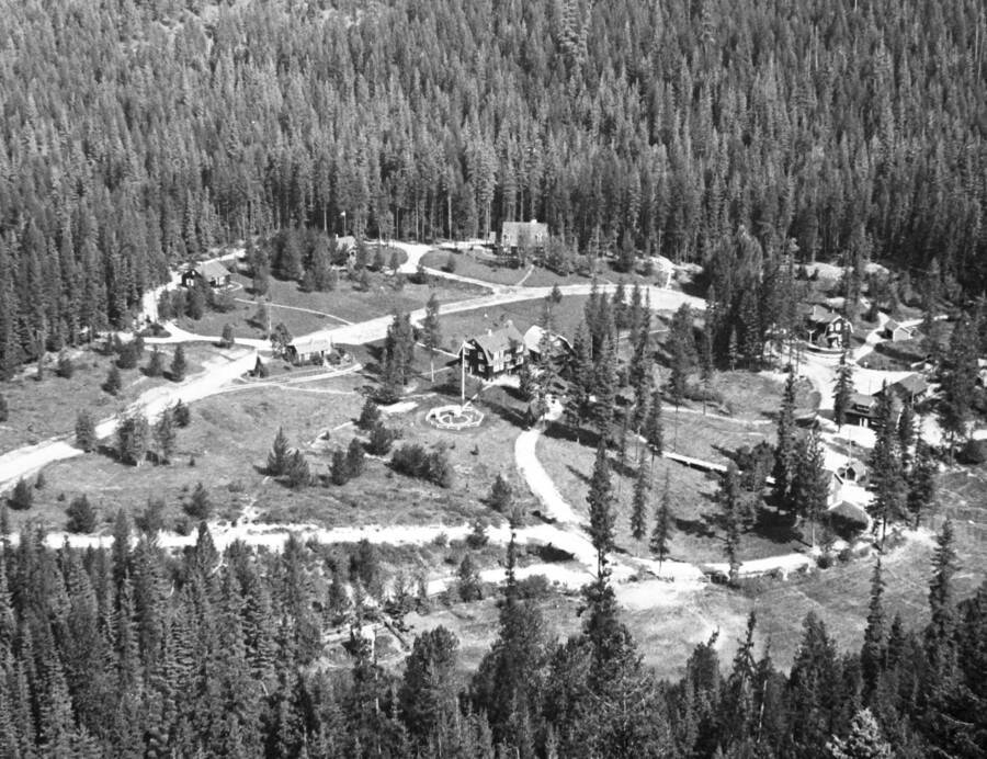 An aerial view of Priest River Experimental Forest headquarters. Almost all of the existing buildings were built by the Civilian Conservation Corps during the 1930's. Handwritten in pencil is the date 1937