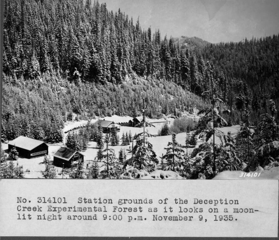 Station grounds of the Deception Creek Experimental Forest as it looks on a moon-lit night around 9:00p.m. November 9, 1935.