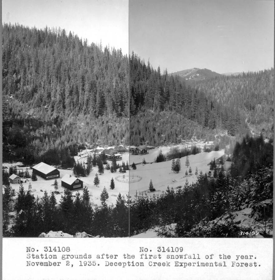Two photos stiched together. Photo of the westerly portion of the station grounds after the first snow fall of the year, Nov 2, 1935. Deception Creek Experimental Forest