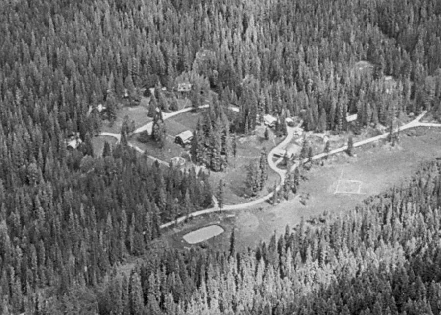 Date approximate, note softball diamond in meadow. It was built by Youth Conservation Corp (YCC) during their stay at Priest Creek Experimental Forest, 1973-81.