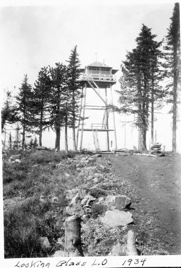 Looking Glass Lookout; the mountain was called Devil's Looking Glass and changed to Gisborne in 1950. The lookout tower and cabin was replaced in 1958 with the present structure.