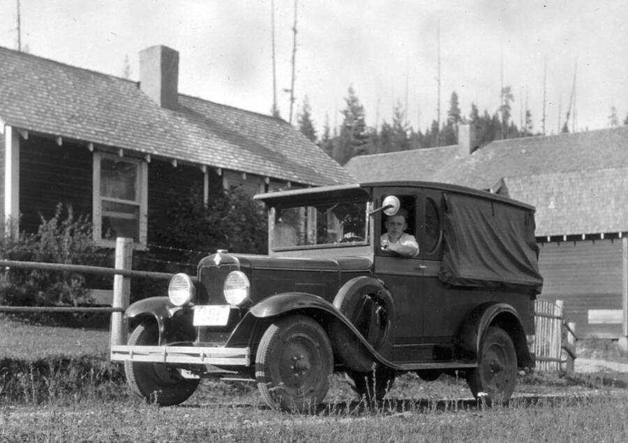 Filed in Priest Creek Experimental Forest Photo box #4: "Station Chevrolet '6', 1930." George Fischer behind the wheel.