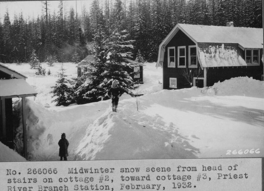 Midwinter snow scene fron the head of stairs on cottage #2, toward cottage #3, Priest River Branch Station, February 1932.