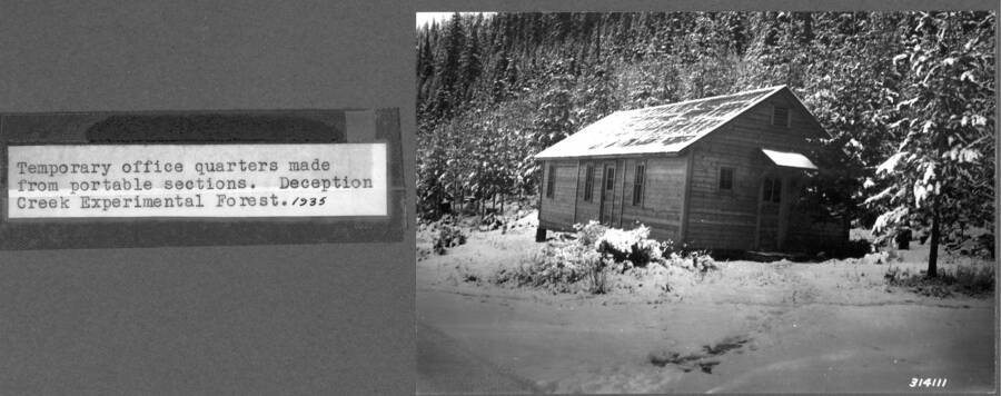 Temporary office quarters made from portable sections, Deception Creek Experimental Forest. 1935.
