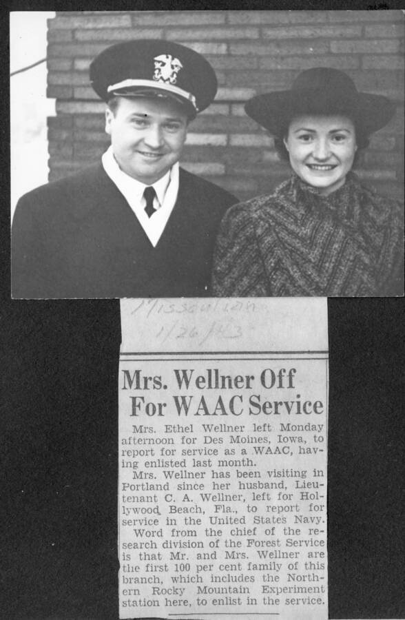 Chuck and Ethel Wellner both served in the military during WW2.  Photo and article appeared in the Missoulian newspaper, 1/26/43,