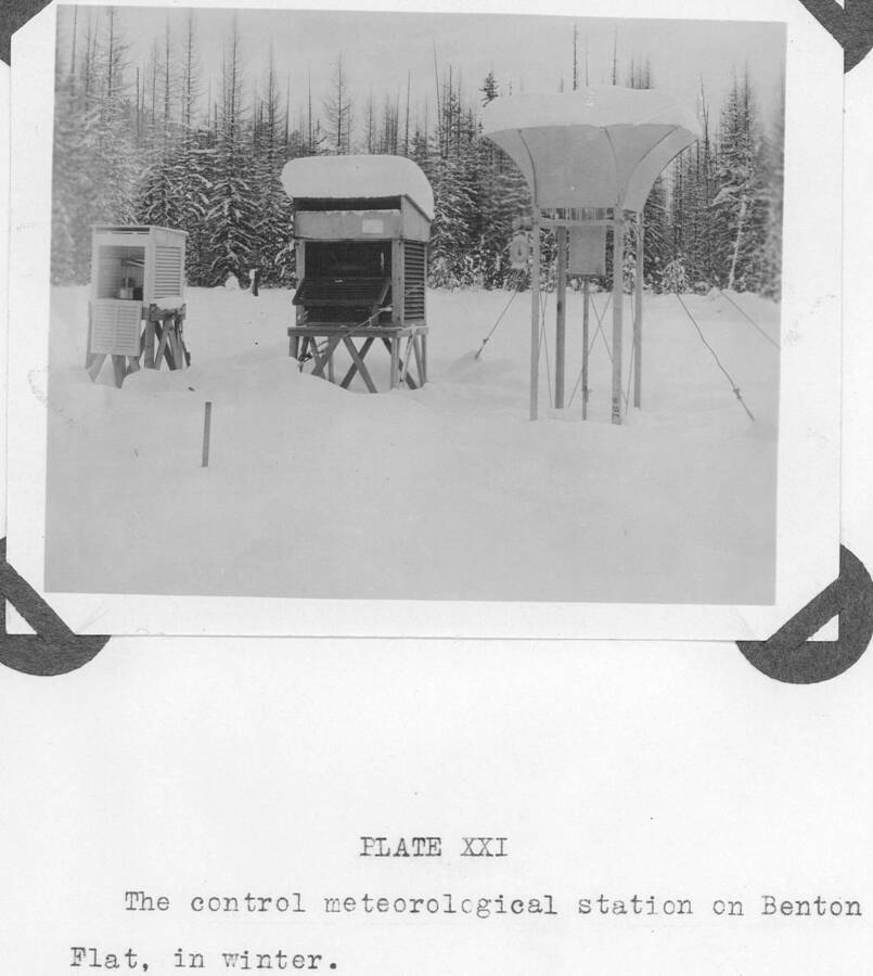 Plate XXI caption: "The control meteorological station on Benton Flat, in winter."