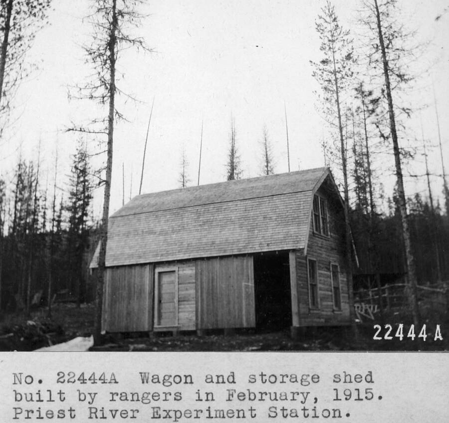 Filed in Priest Creek Experimental Forest Photo box #4: "Wagon and storage shed built by rangers in February, 1915. Priest River Experimental Station." This is the shop, remodeled by CCC in 1935 to it's present appearance.