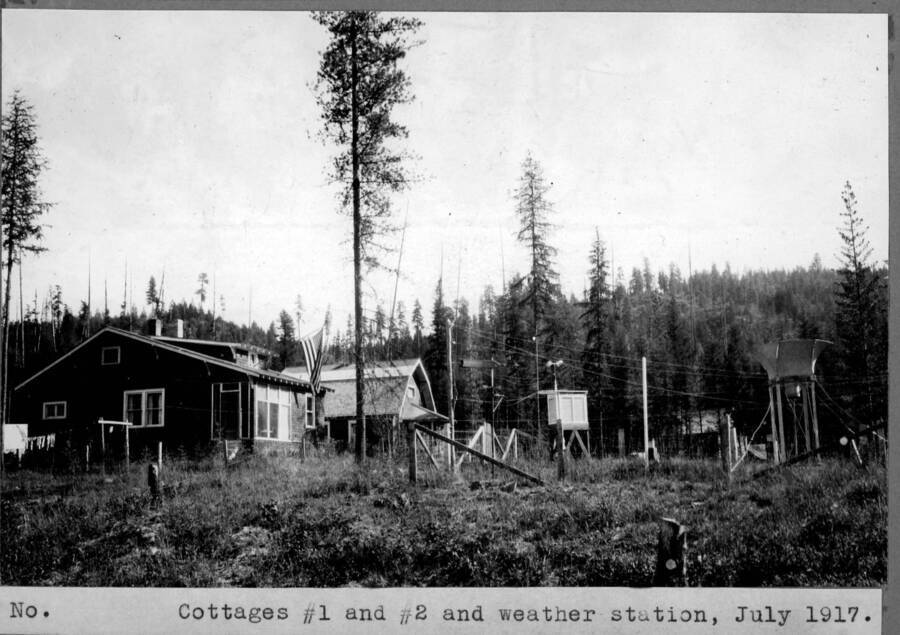 Cottages #1 and #2 and weather stations, July 1917.