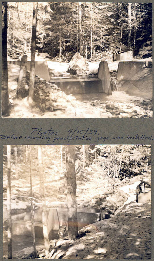 From a detailed plan to install rain gages throughout Benton watershed and collect ppt., snow, and run-off data (from gaging dam). Caption reads: "Photos 4/15/39. Before recording precipitation gage was installed."