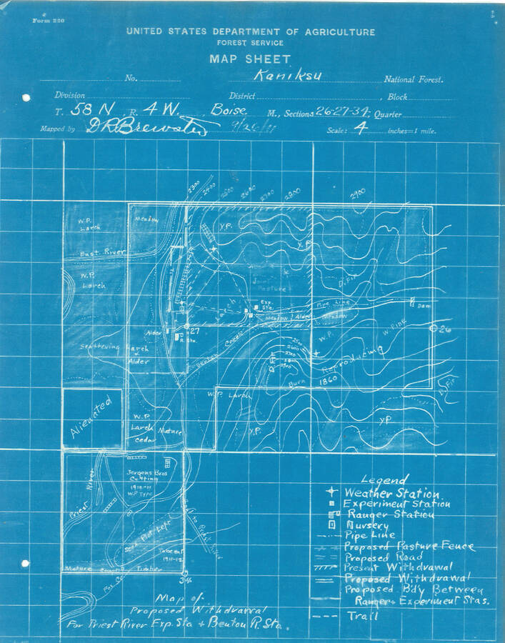 Blueprint map of land proposed for withdrawal for Priest River Experimental Station and the Benton Ranger Station; this amounted to about 720 acres.