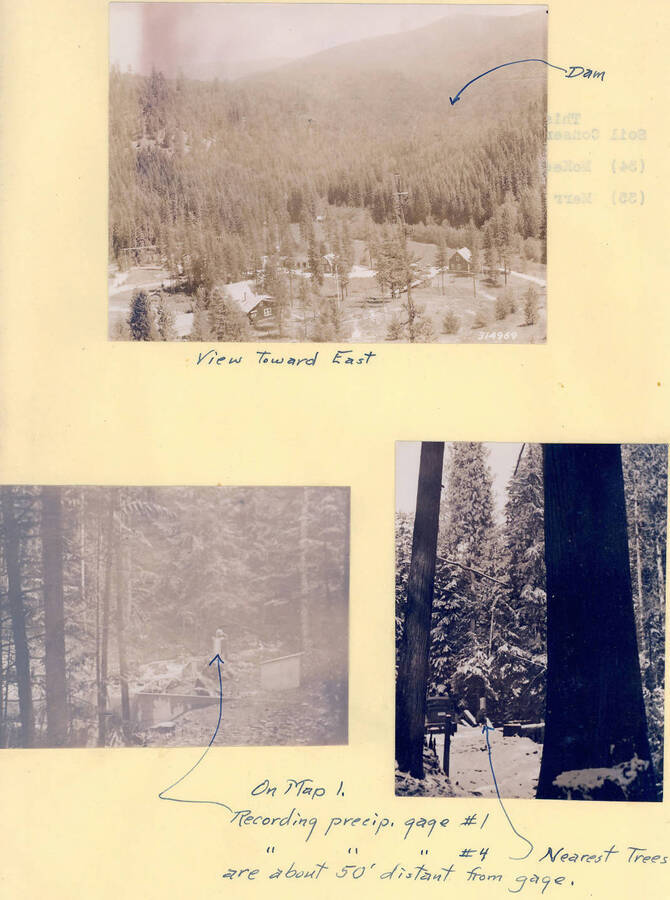 Top photo of Benton watershed is an older, registered photo taken from the weather tree or tower. Caption reads: "View toward East." The two bottom photo captions read: "On Map 1. Recording precip. gage #1 (Benton dam), and Recording precip. Gage #4 (end of Benton Ck. road). Nearest trees are 50' distant from gage."