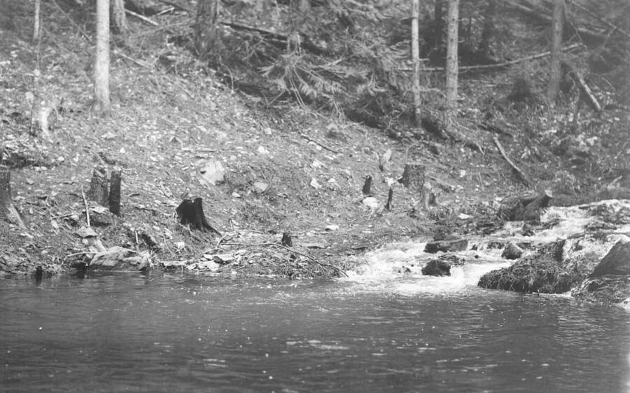 Back of photo reads: "Benton Creek gaging station showing charge of water into pond above dam during spring runoff of 4.46 sec. feet. April 15, 1940.  1/100 sec at f 4.5, D.G. McKeever 40-19."
