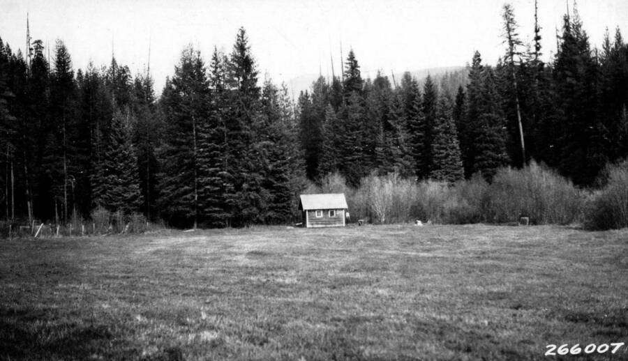 View of meadow and cabin, Priest River Branch Station early fall of 1930.