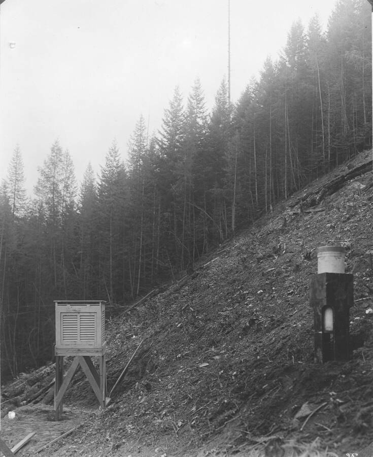 Plate XVII caption: "Meteorological station on northwest slope representative of western white pine type. Slope covered with very dense growth of even aged douglas fir, western white pine and wstern larch with understory of western red cedar and western hemlock. One acre clearing made for the station site."