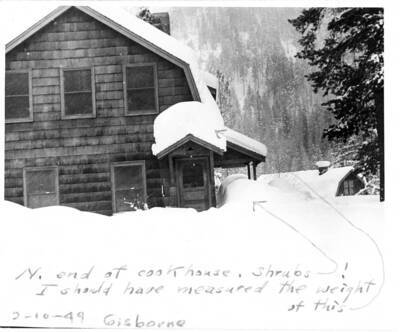 A series of snow scenes with notes by Gisborne expressing his dissatisfaction with building design, landscaping, drainage, and lost time shoveling roofs.