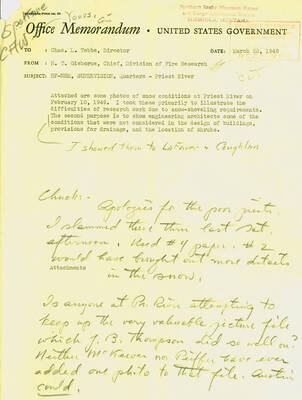 Memo from Gisborne to Director Tebbe and note to Wellner describing Gisborne's frustration with architects, snow, and inconsistent photo history of Priest Creek Experimental Forest.