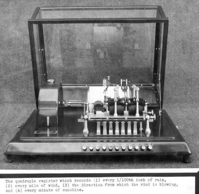 The quadruple register which records (1) every 1/100th inch of rain, (2) every mile of wind, (3) the direction from which the wind is blowing, and (4) every minute of sunshine. This instrument is now in the Priest Creek Experimental Forest museum.