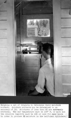 Weighing a set of triplets to determine their moisture content. Moisture contents can be determined to an accuracy of 1%. Moistures of less than 5% are extremely critical. The air temperature must be 100 F. or more and the relative humidity must be 10% or less for many hours in order to produce 2% moisture in the half-inch cylinders. G. Lloyd Hayes pictured