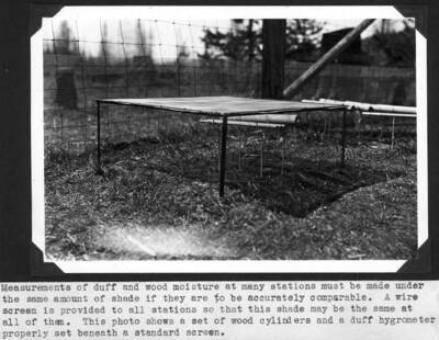 Measurement of duff and wood moisture at many stations must be made under the same amount of shade if they are to be accurately comparable. A wire screen is provided to all stations so that this shade may be the same at all of them. This photo shows a set of weed cylinders and a duff hygrometer properly set beneath a standard screen.