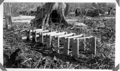 Large dowel tested at an inflammability station for reliability in measuring fuel moisture. The following two photos show a variety of diameters being tested.