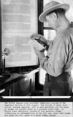 The Forest Rangers keep accurate comparable records of the important factors of fire danger. The records of wind duff or wood moisture and the class of danger are plotted daily on a standard chart form. At Priest River additional records of fuel moisture reveal differences in inflammability in the full sun under half shade and under the full shade of a dense timber canopy."  J.B. Thompson.