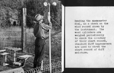 Reading the anemometer dial, as a check on the wind record shown by the instrument. The wood cylinders are weighed periodically to check the accuracy of their chart record. Standard duff hygrometers are used to check the chart record of duff moisture."  H.T. Gisborne