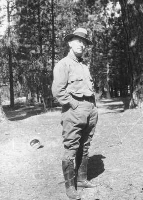 Caption titled"Summer Camp". Location unknown, possibly near Bend, Oregon. Larsen, now a professor of forestry at Iowa State University, would conduct summer camp for upper classmen at various locations in the western states.