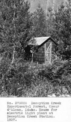 Deception Creek Experimental Forest, Coeur d'Alene, Idaho. House for electric light plant at Deception Creek Station. 1937.