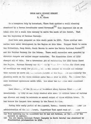 A 6 page description of the nursery establishment and operation by D.S. Olson, the first nurseryman in charge of Savenac.