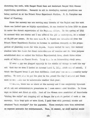A 6 page description of the nursery establishment and operation by D.S. Olson, the first nurseryman in charge of Savenac.