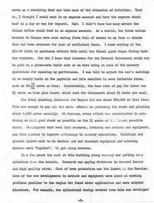 A 6 page description of the nursery establishment and operation by D.S. Olson, the first nurseryman in charge of Savenac.