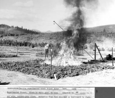 Burning experimental slash Priest Creek Experimental Forest. Slash is white pine, 20 tons/acre, current year slash. Radiation from fire recorded on instrument to right.