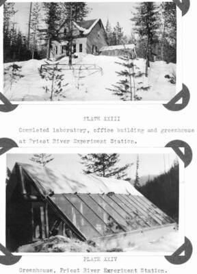 Plate XXIII caption: "Completed laboratory, office building and greenhouse at Priest River Experimental Station." Plate XXIV caption: "Greenhouse, Priest River Experimental Station."