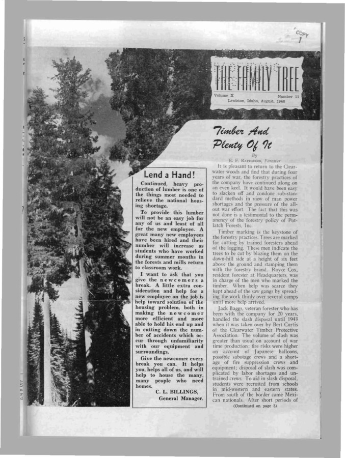Vol. 10 No. 11, Published by Potlatch Forests, Inc., 8 pages.