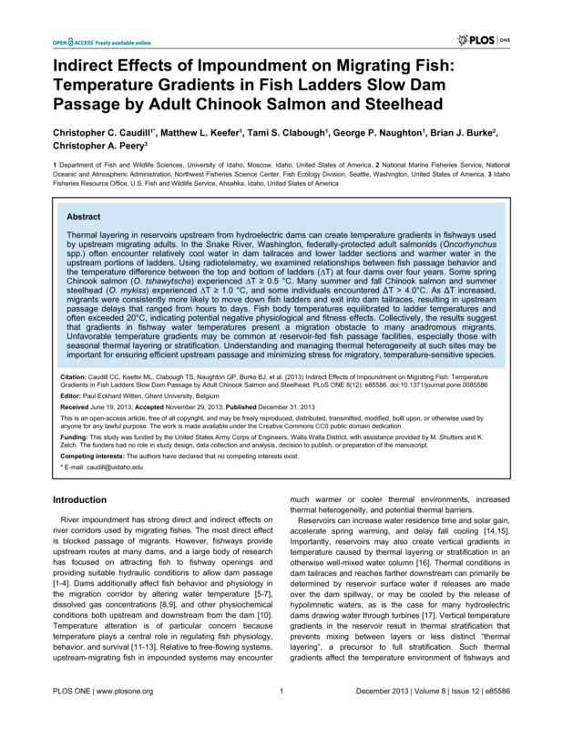 Indirect Effects of Impoundment on Migrating Fish: Temperature Gradients in Fish Ladders Slow Dam Passage by Adult Chinook Salmon and Steelhead