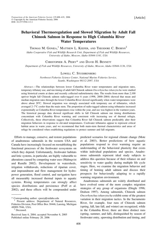Behavioral Thermoregulation and Slowed Migration by Adult Fall Chinook Salmon in Response to High Columbia River Water Temperatures