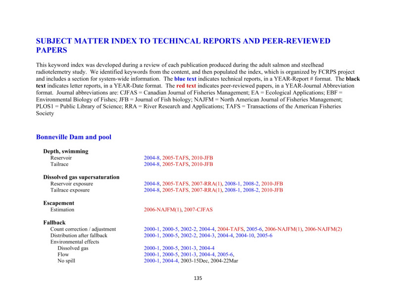 Subject Matter Index to Techincal Reports and Peer-Reviewed Papers