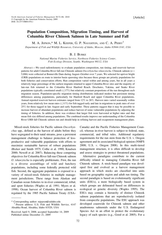Population Composition, Migration Timing, and Harvest of Columbia River Chinook Salmon in Late Summer and Fall