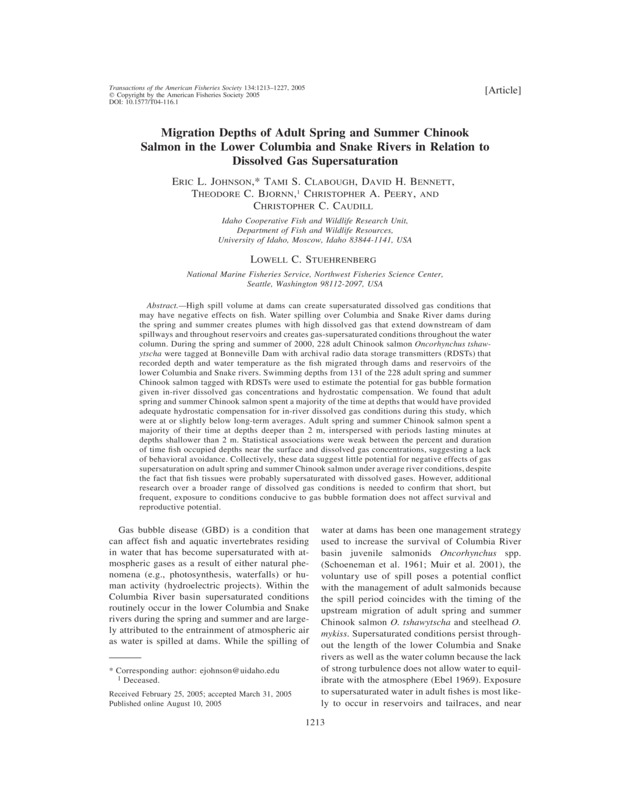 Migration depths of adult spring and summer Chinook salmon in the lower Columbia and Snake rivers in relation to dissolved gas supersaturation