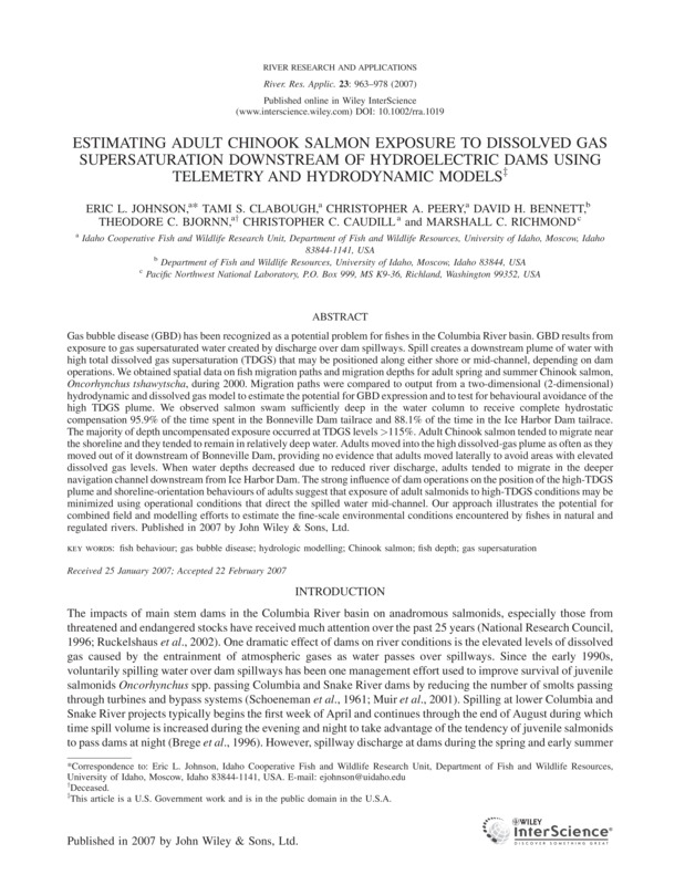 Estimating Adult Chinook Salmon Exposure To Dissolved Gas Supersaturation Downstream Of Hydroelectric Dams Using Telemetry And Hydrodynamic Models