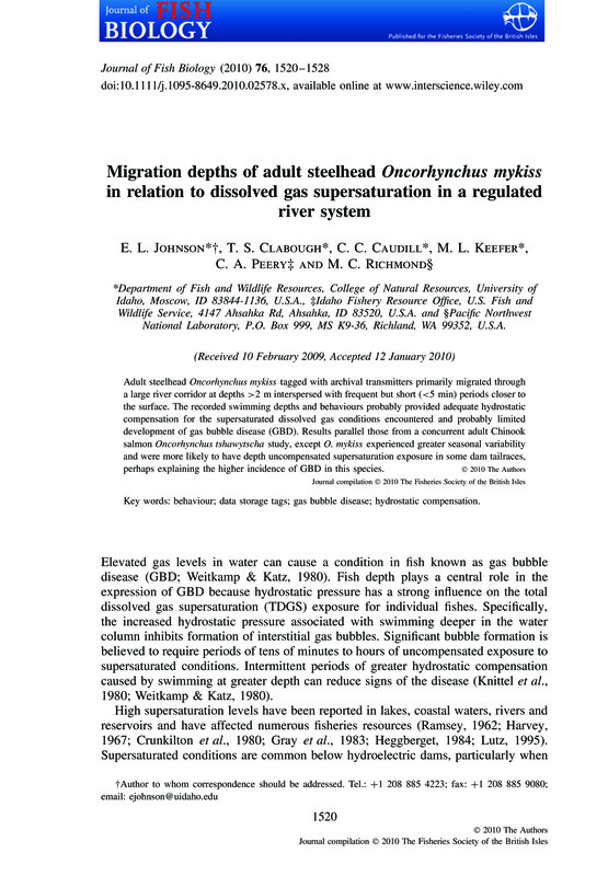 Migration depths of adult steelhead Oncorhynchus mykiss in relation to dissolved gas supersaturation in a regulated river system