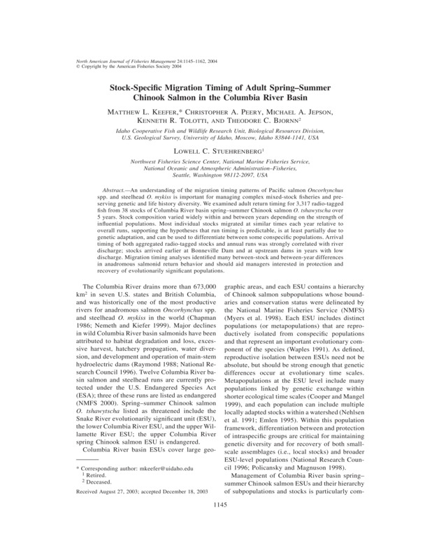 Stock-Specific Migration Timing of Adult Spring–Summer Chinook Salmon in the Columbia River Basin