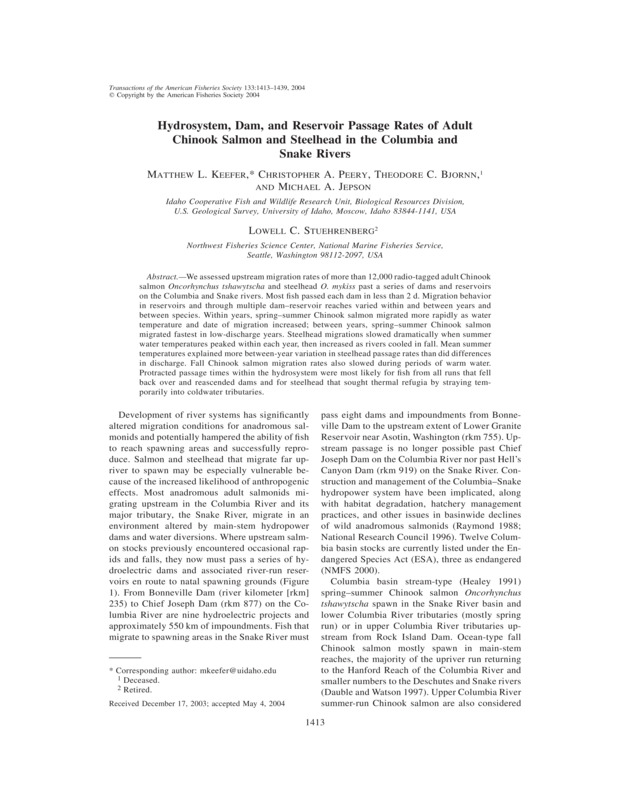 Hydrosystem, Dam, and Reservoir Passage Rates of Adult Chinook Salmon and Steelhead in the Columbia and Snake Rivers