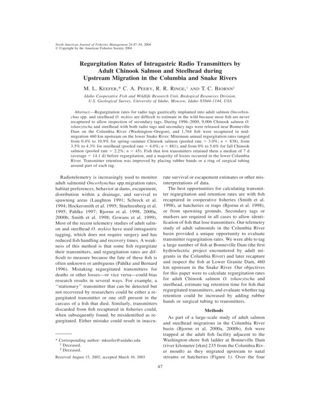 Regurgitation Rates of Intragastric Radio Transmitters by Adult Chinook Salmon and Steelhead during Upstream Migration in the Columbia and Snake Rivers