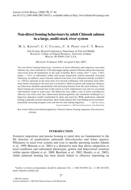 Non-direct homing behaviours by adult Chinook salmon in a large, multi-stock river system
