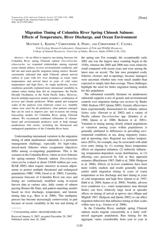 Migration Timing of Columbia River Spring Chinook Salmon: Effects of Temperature, River Discharge, and Ocean Environment